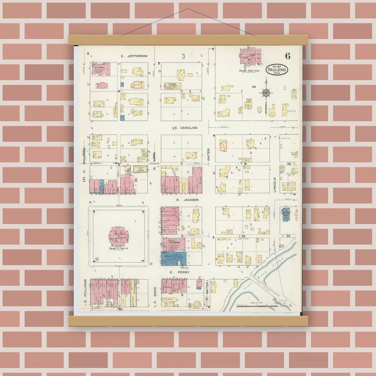 Old map wall art mockup — magnetic wood frame on brick wall — Sanborn Fire Insurance Map from Paulding, Paulding County, Ohio (1913), Sheet #0006