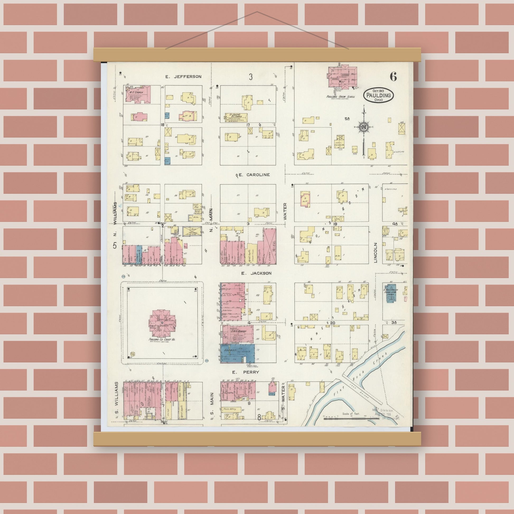 Old map wall art mockup — magnetic wood frame on brick wall — Sanborn Fire Insurance Map from Paulding, Paulding County, Ohio (1913), Sheet #0006