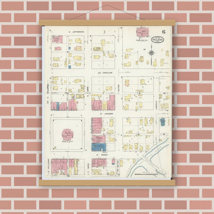 Old map wall art mockup — magnetic wood frame on brick wall — Sanborn Fire Insurance Map from Paulding, Paulding County, Ohio (1913), Sheet #0006