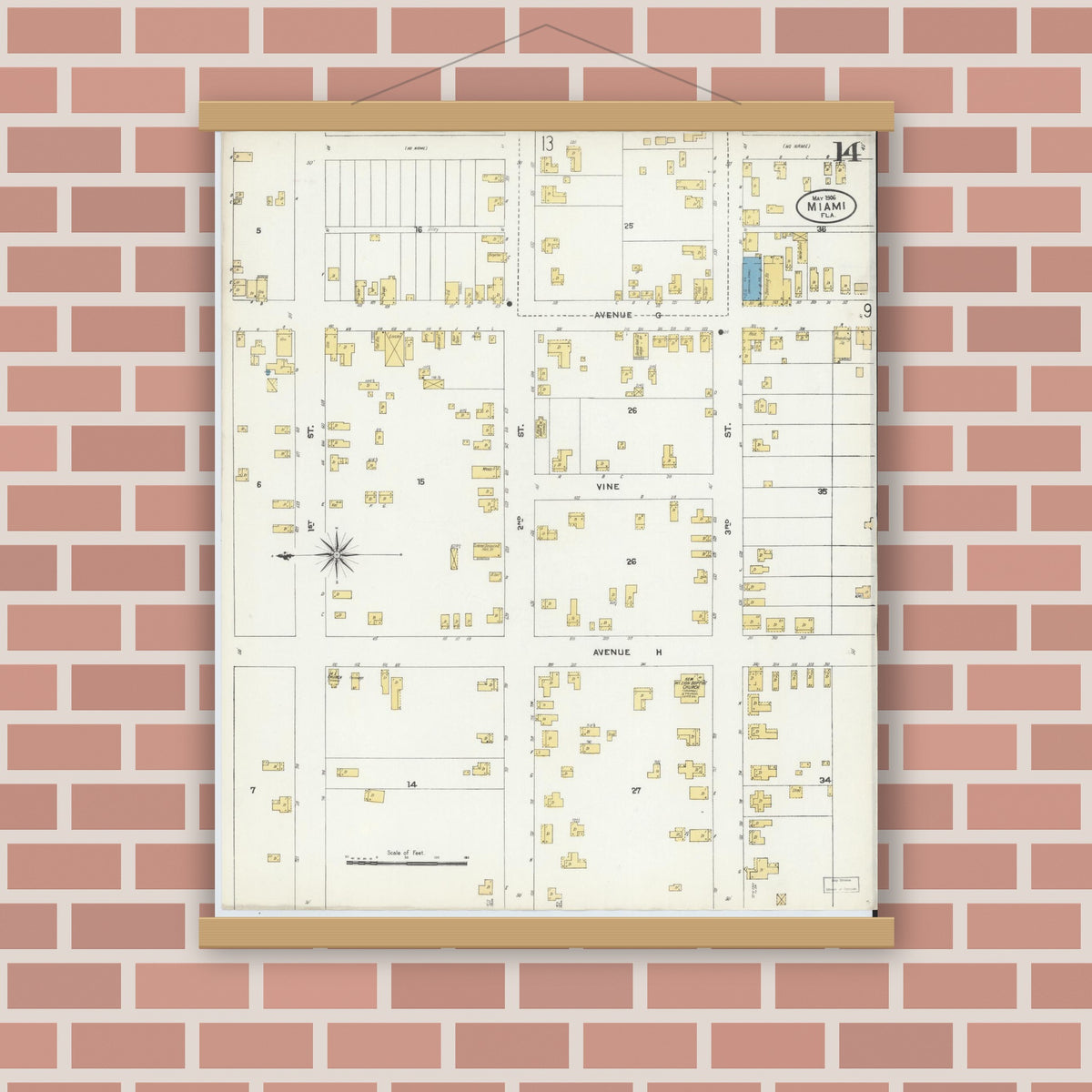 Old map wall art mockup — magnetic wood frame on brick wall — Sanborn Fire Insurance Map from Miami, Dade County, Florida (1906), Sheet #0014