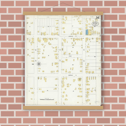 Old map wall art mockup — magnetic wood frame on brick wall — Sanborn Fire Insurance Map from Miami, Dade County, Florida (1906), Sheet #0014