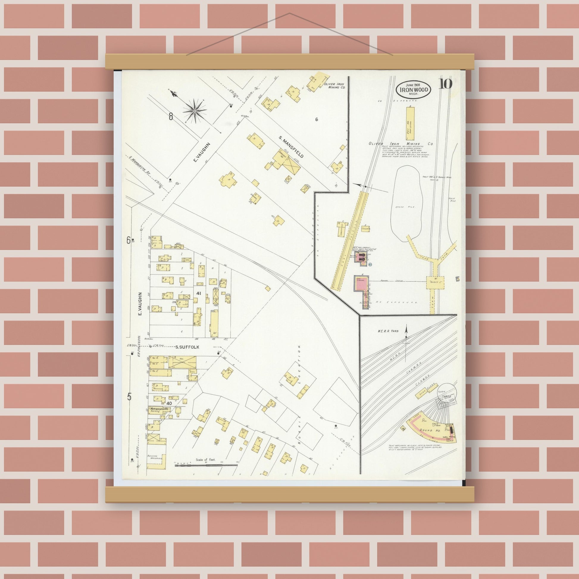 Old map wall art mockup — magnetic wood frame on brick wall — Sanborn Fire Insurance Map from Ironwood, Gogebic County, Michigan (1908), Sheet #0010