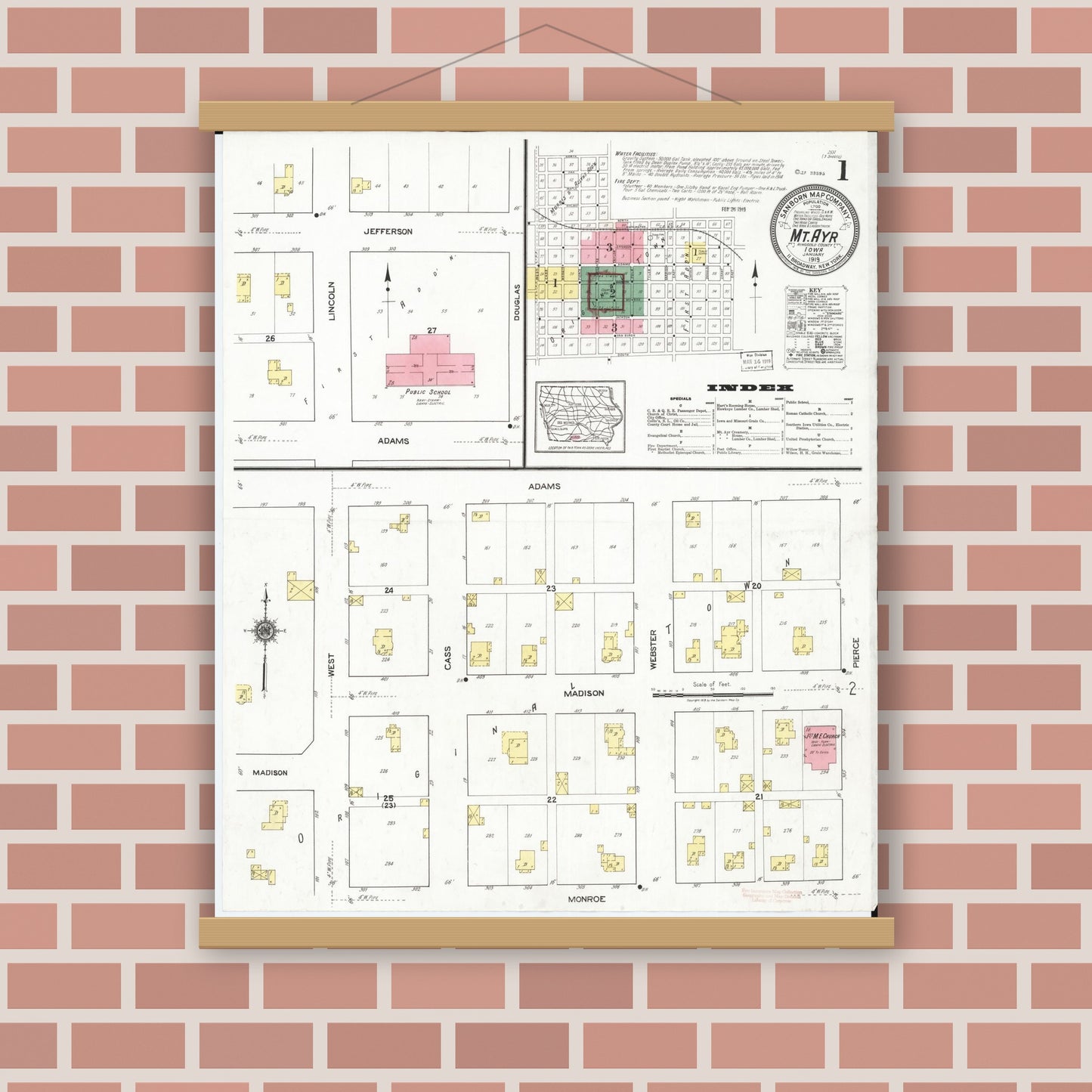 Old map wall art mockup — magnetic wood frame on brick wall — Sanborn Fire Insurance Map from Mount Ayr, Ringgold County, Iowa (1919) â€” Complete Set