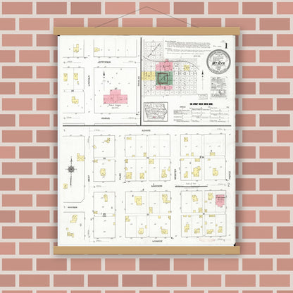 Old map wall art mockup — magnetic wood frame on brick wall — Sanborn Fire Insurance Map from Mount Ayr, Ringgold County, Iowa (1919) â€” Complete Set