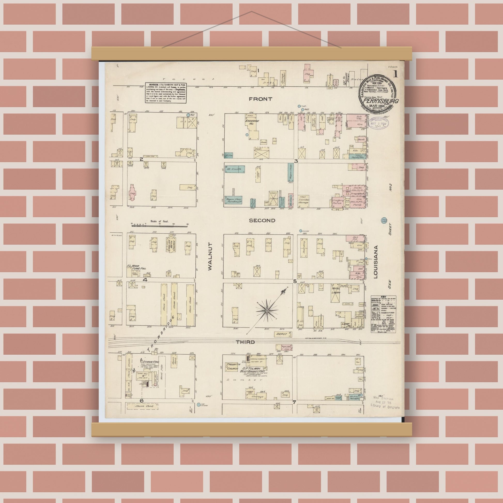 Old map wall art mockup — magnetic wood frame on brick wall — Sanborn Fire Insurance Map from Perrysburg, Wood County, Ohio (1884), Sheet #0001