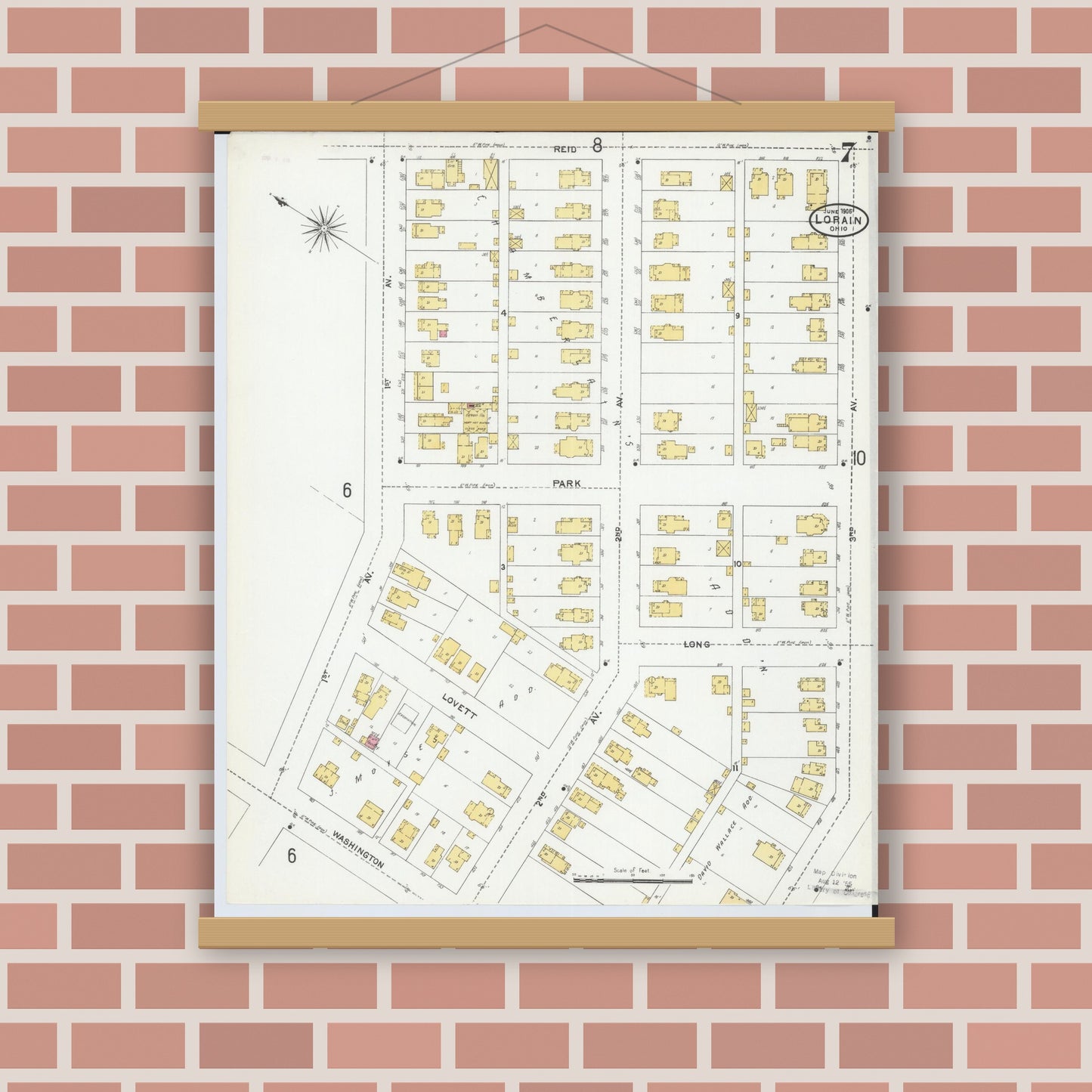 Old map wall art mockup — magnetic wood frame on brick wall — Sanborn Fire Insurance Map from Lorain, Lorain County, Ohio (1905), Sheet #0007