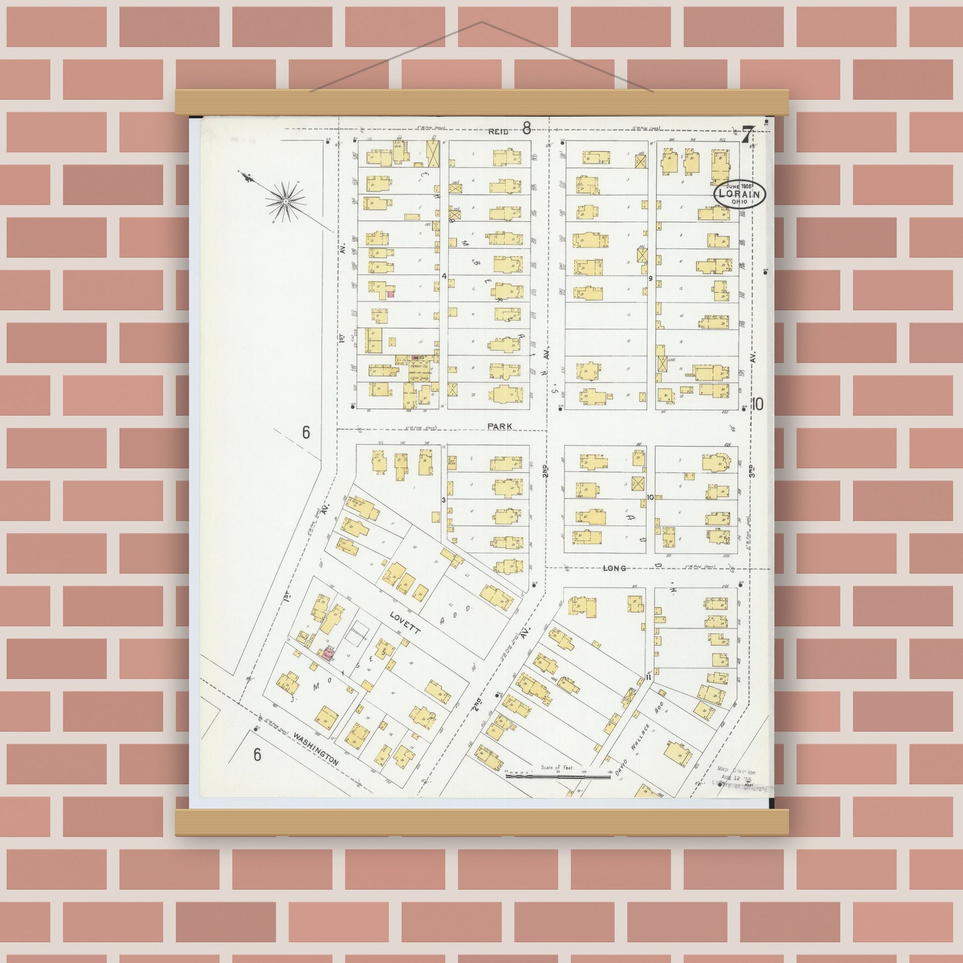 Old map wall art mockup — magnetic wood frame on brick wall — Sanborn Fire Insurance Map from Lorain, Lorain County, Ohio (1905), Sheet #0007