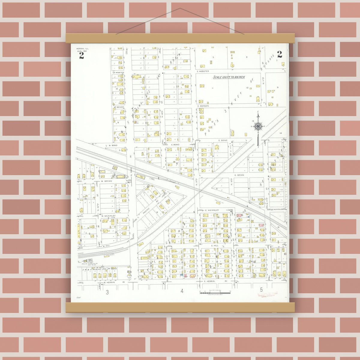 Old map wall art mockup — magnetic wood frame on brick wall — Sanborn Fire Insurance Map from Herrin, Williamson County, Illinois (1941), Sheet #0002