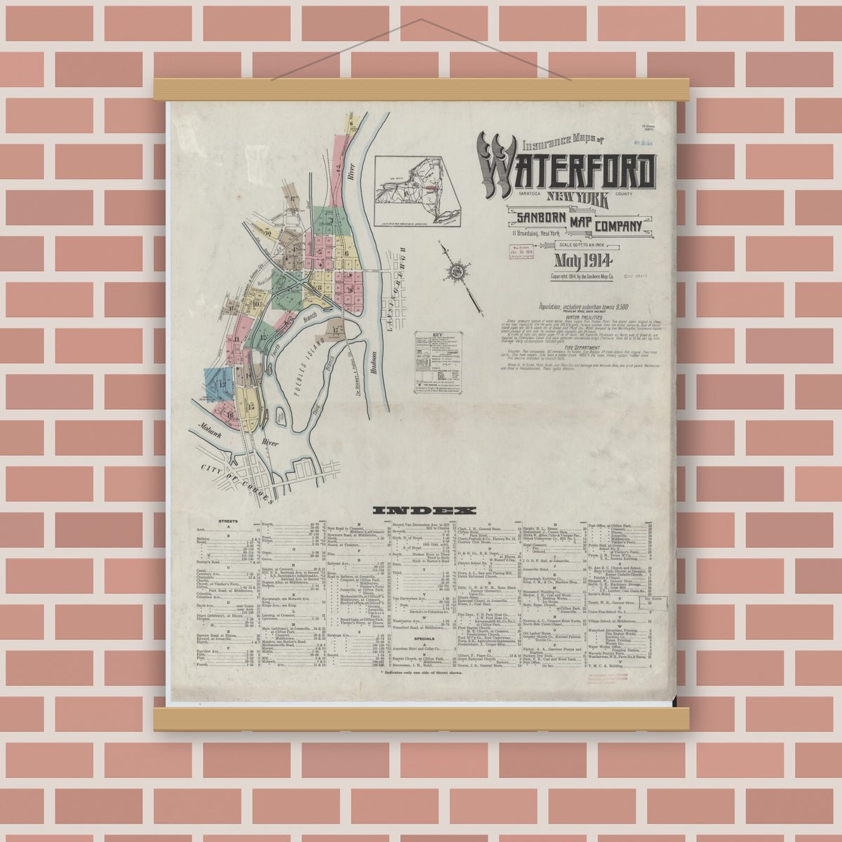 Old map wall art mockup — magnetic wood frame on brick wall — Sanborn Fire Insurance Map from Waterford, Saratoga County, New York (1914) - Complete Map Set
