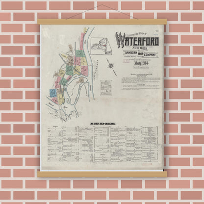 Old map wall art mockup — magnetic wood frame on brick wall — Sanborn Fire Insurance Map from Waterford, Saratoga County, New York (1914) - Complete Map Set