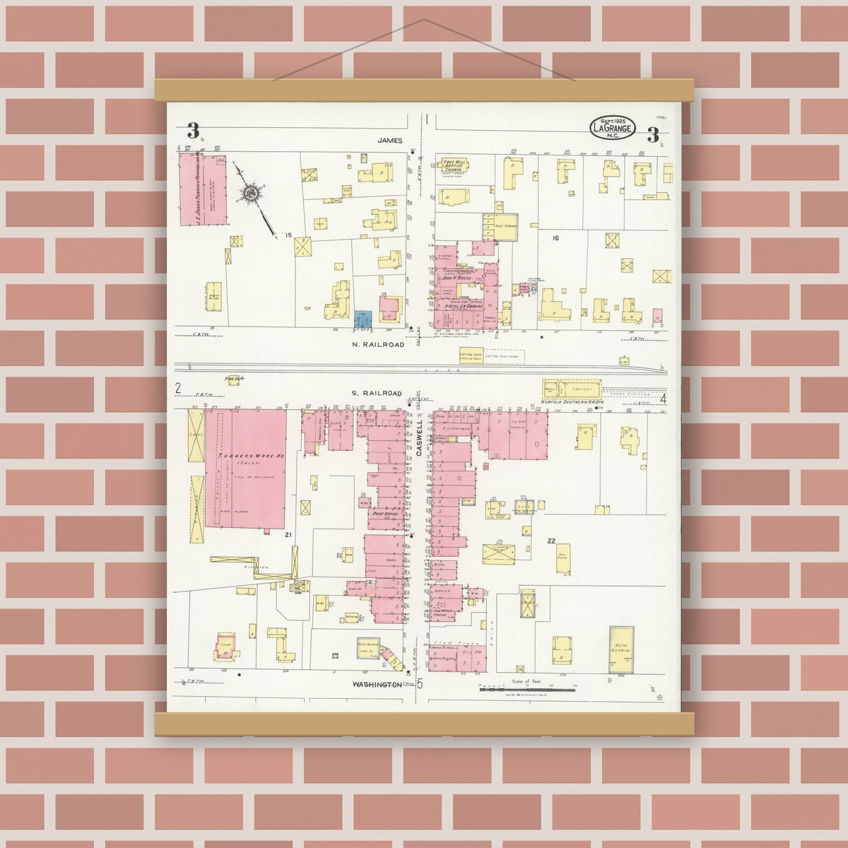 Old map wall art mockup — magnetic wood frame on brick wall — Sanborn Fire Insurance Map from La Grange, Lenoir County, North Carolina (1925), Sheet #0003