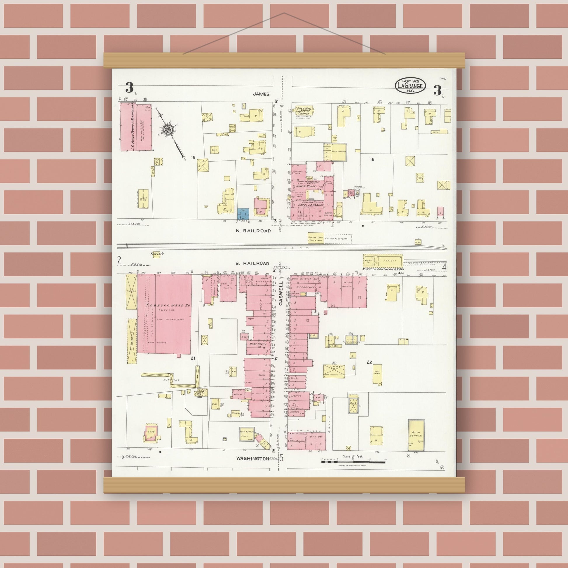 Old map wall art mockup — magnetic wood frame on brick wall — Sanborn Fire Insurance Map from La Grange, Lenoir County, North Carolina (1925), Sheet #0003