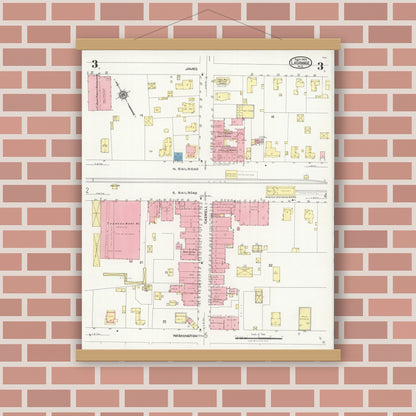 Old map wall art mockup — magnetic wood frame on brick wall — Sanborn Fire Insurance Map from La Grange, Lenoir County, North Carolina (1925), Sheet #0003