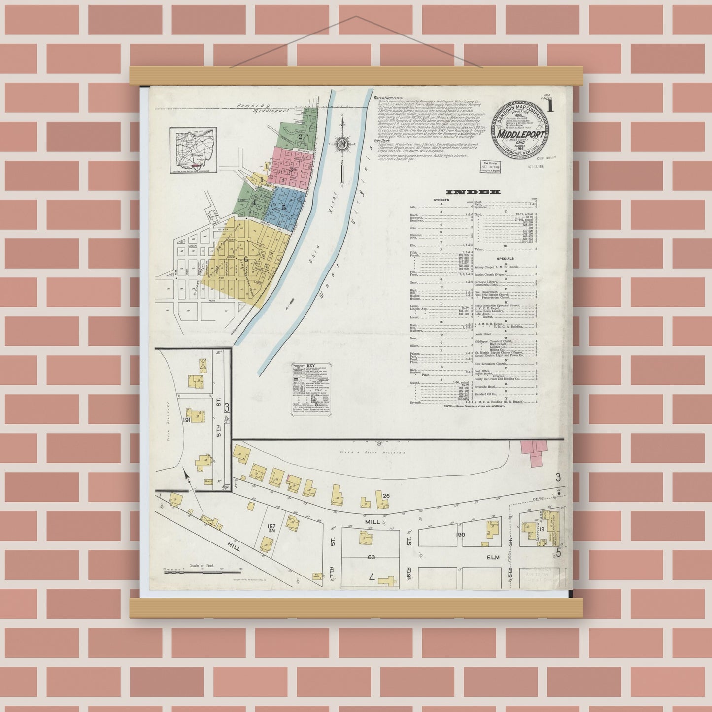 Old map wall art mockup — magnetic wood frame on brick wall — Sanborn Fire Insurance Map from Middleport, Meigs County, Ohio (1916) - Complete Map Set