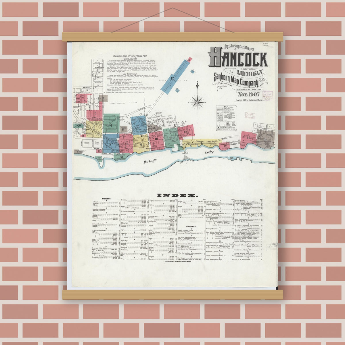 Old map wall art mockup — magnetic wood frame on brick wall — Sanborn Fire Insurance Map from Hancock, Houghton County, Michigan (1907) - Complete Map Set