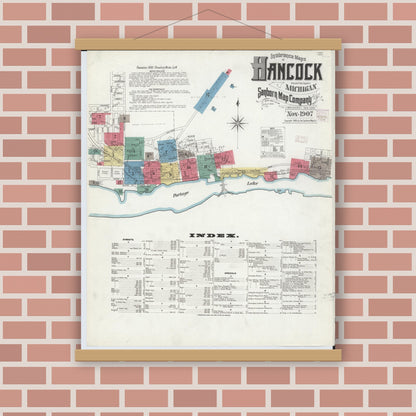 Old map wall art mockup — magnetic wood frame on brick wall — Sanborn Fire Insurance Map from Hancock, Houghton County, Michigan (1907) - Complete Map Set