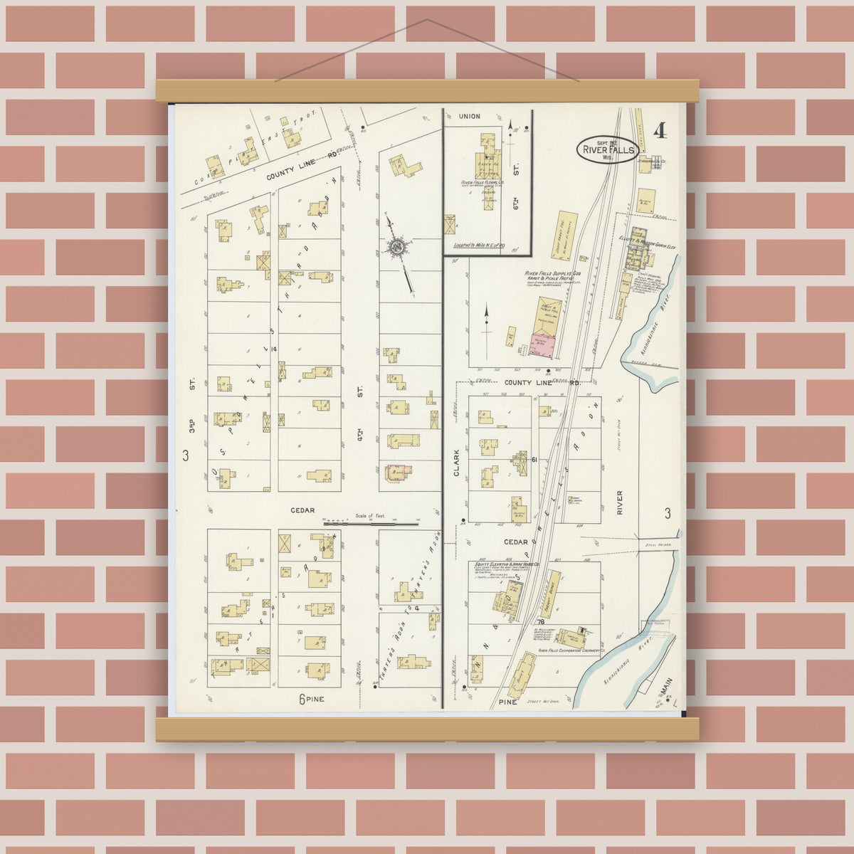 Old map wall art mockup — magnetic wood frame on brick wall — Sanborn Fire Insurance Map from River Falls, St. Croix and Pierce Counties, Wisconsin (1912), Sheet #0004