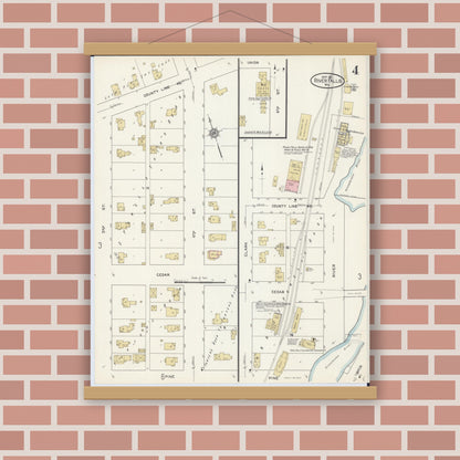 Old map wall art mockup — magnetic wood frame on brick wall — Sanborn Fire Insurance Map from River Falls, St. Croix and Pierce Counties, Wisconsin (1912), Sheet #0004