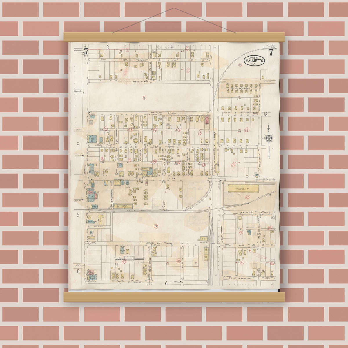 Old map wall art mockup — magnetic wood frame on brick wall — Sanborn Fire Insurance Map from Palmetto, Manatee County, Florida (1944), Sheet #0007