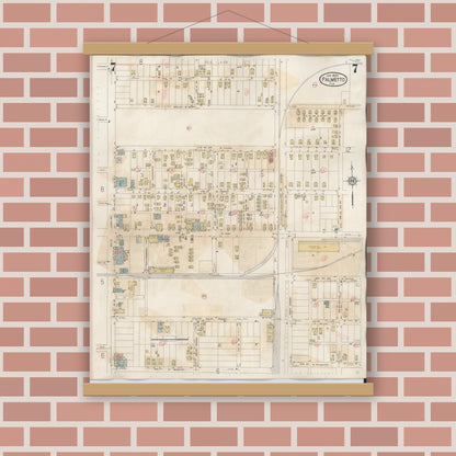 Old map wall art mockup — magnetic wood frame on brick wall — Sanborn Fire Insurance Map from Palmetto, Manatee County, Florida (1944), Sheet #0007