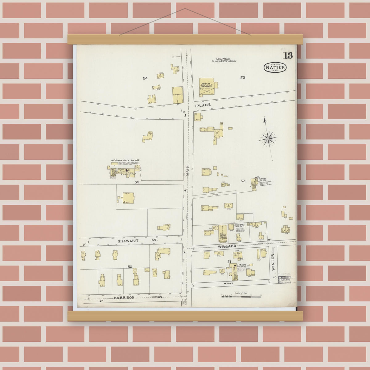 Old map wall art mockup — magnetic wood frame on brick wall — Sanborn Fire Insurance Map from Natick, Middlesex County, Massachusetts (1894), Sheet #0013
