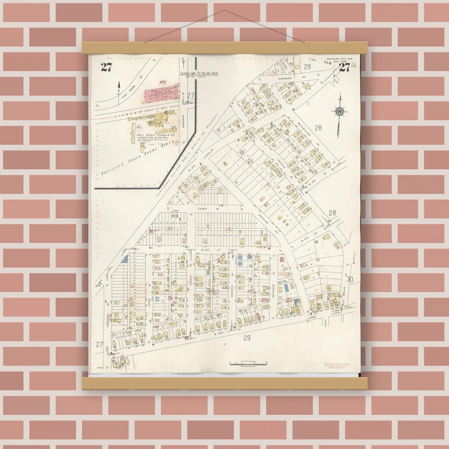 Old map wall art mockup — magnetic wood frame on brick wall — Sanborn Fire Insurance Map from Michigan City, La Porte County, Indiana (1948), Sheet #0027