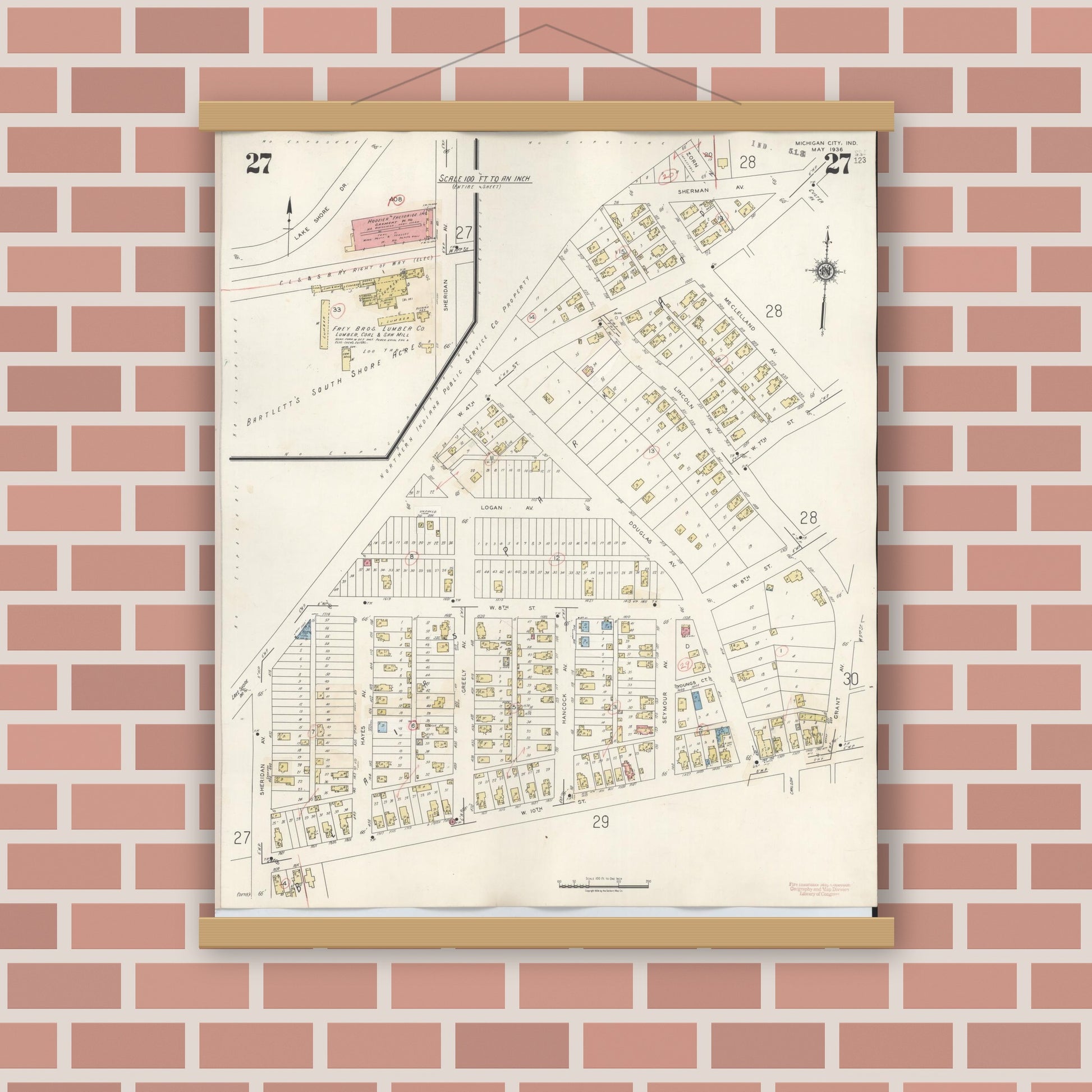 Old map wall art mockup — magnetic wood frame on brick wall — Sanborn Fire Insurance Map from Michigan City, La Porte County, Indiana (1948), Sheet #0027