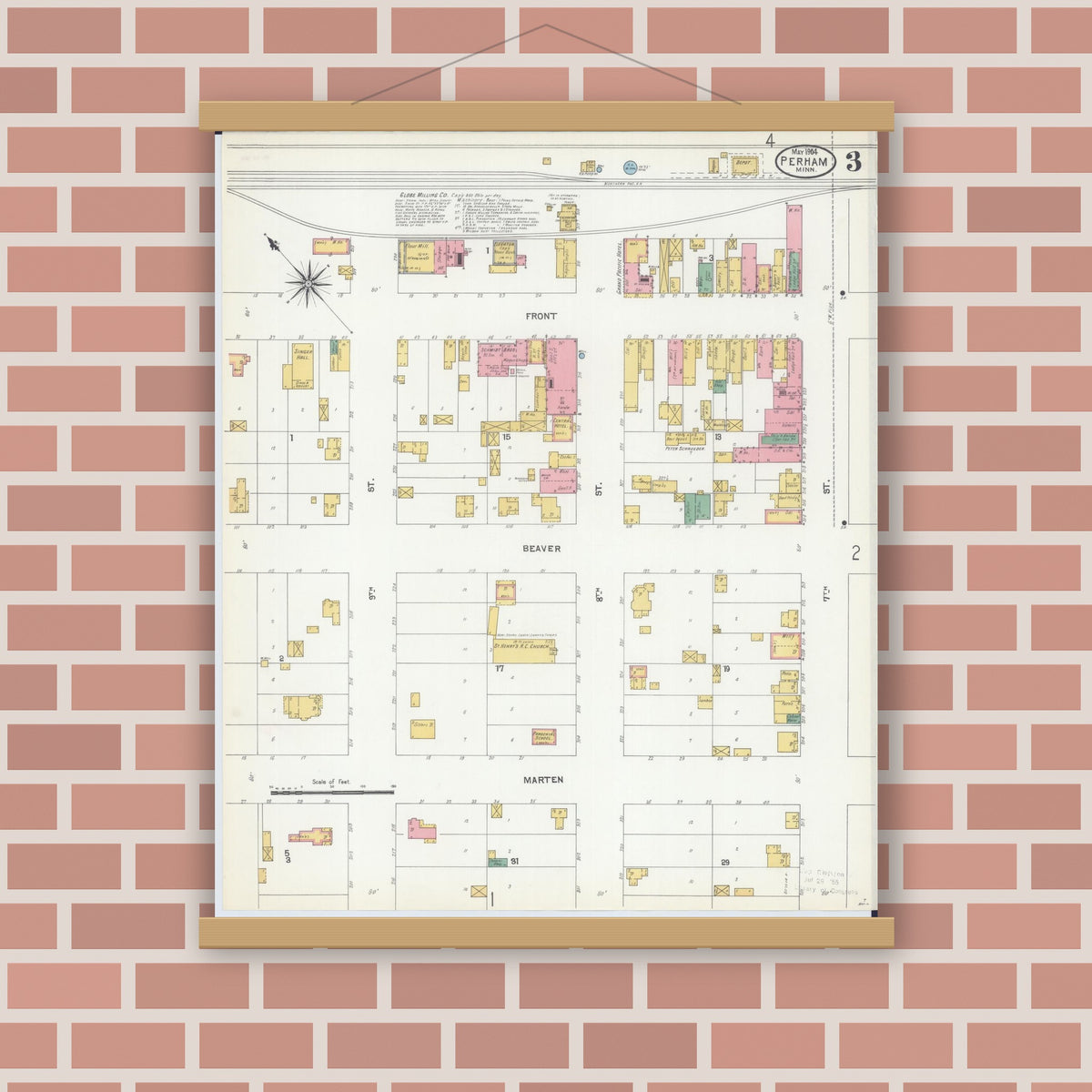 Old map wall art mockup — magnetic wood frame on brick wall — Sanborn Fire Insurance Map from Perham, Otter Tail County, Minnesota (1904), Sheet #0003