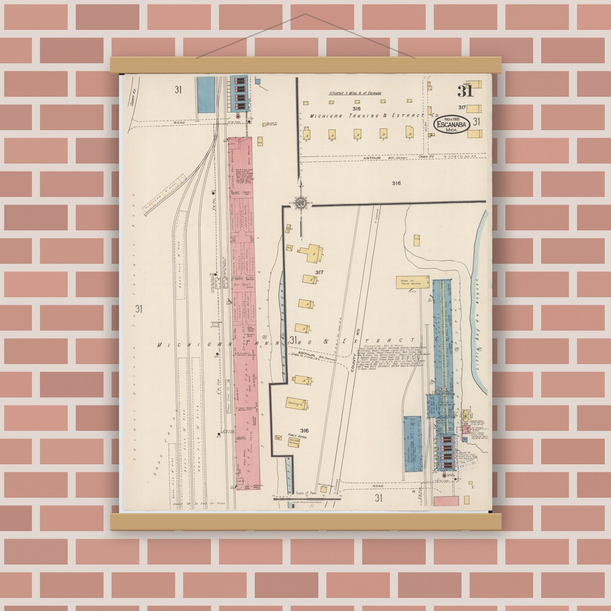 Old map wall art mockup — magnetic wood frame on brick wall — Sanborn Fire Insurance Map from Escanaba, Delta County, Michigan (1921), Sheet #0031