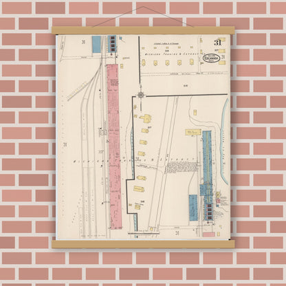 Old map wall art mockup — magnetic wood frame on brick wall — Sanborn Fire Insurance Map from Escanaba, Delta County, Michigan (1921), Sheet #0031