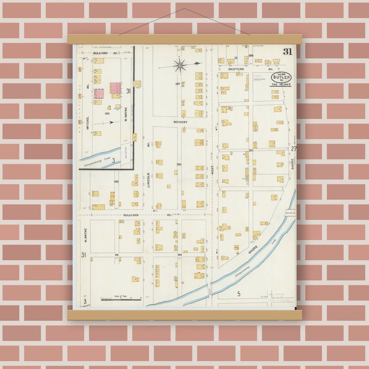 Old map wall art mockup — magnetic wood frame on brick wall — Sanborn Fire Insurance Map from Butler, Butler County, Pennsylvania (1906), Sheet #0031
