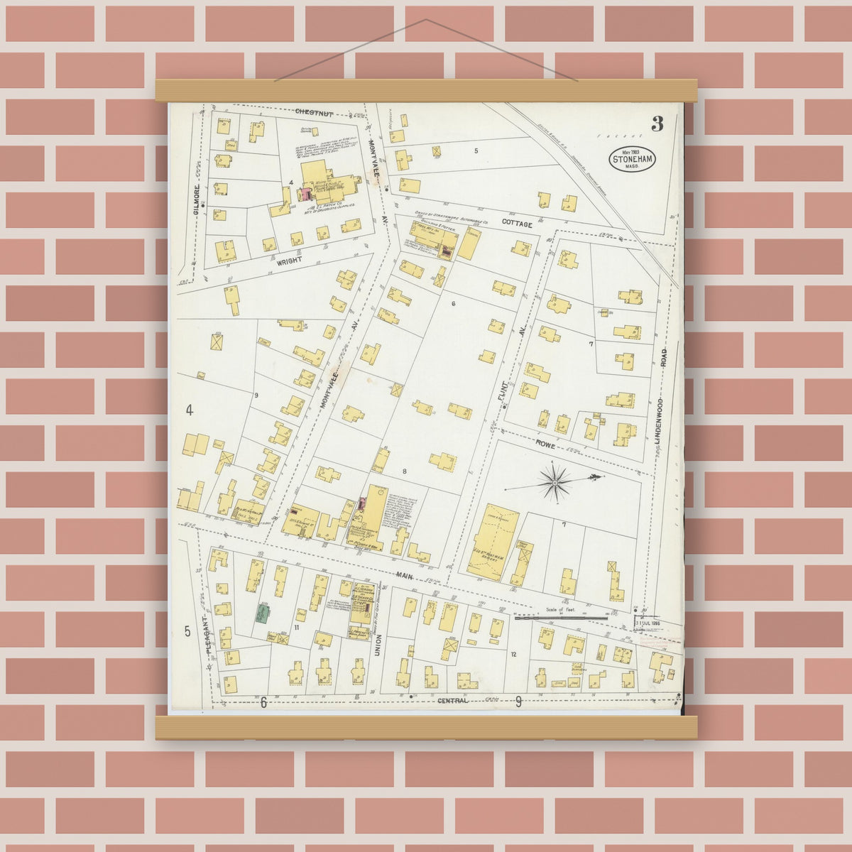 Old map wall art mockup — magnetic wood frame on brick wall — Sanborn Fire Insurance Map from Stoneham, Middlesex County, Massachusetts (1903), Sheet #0003