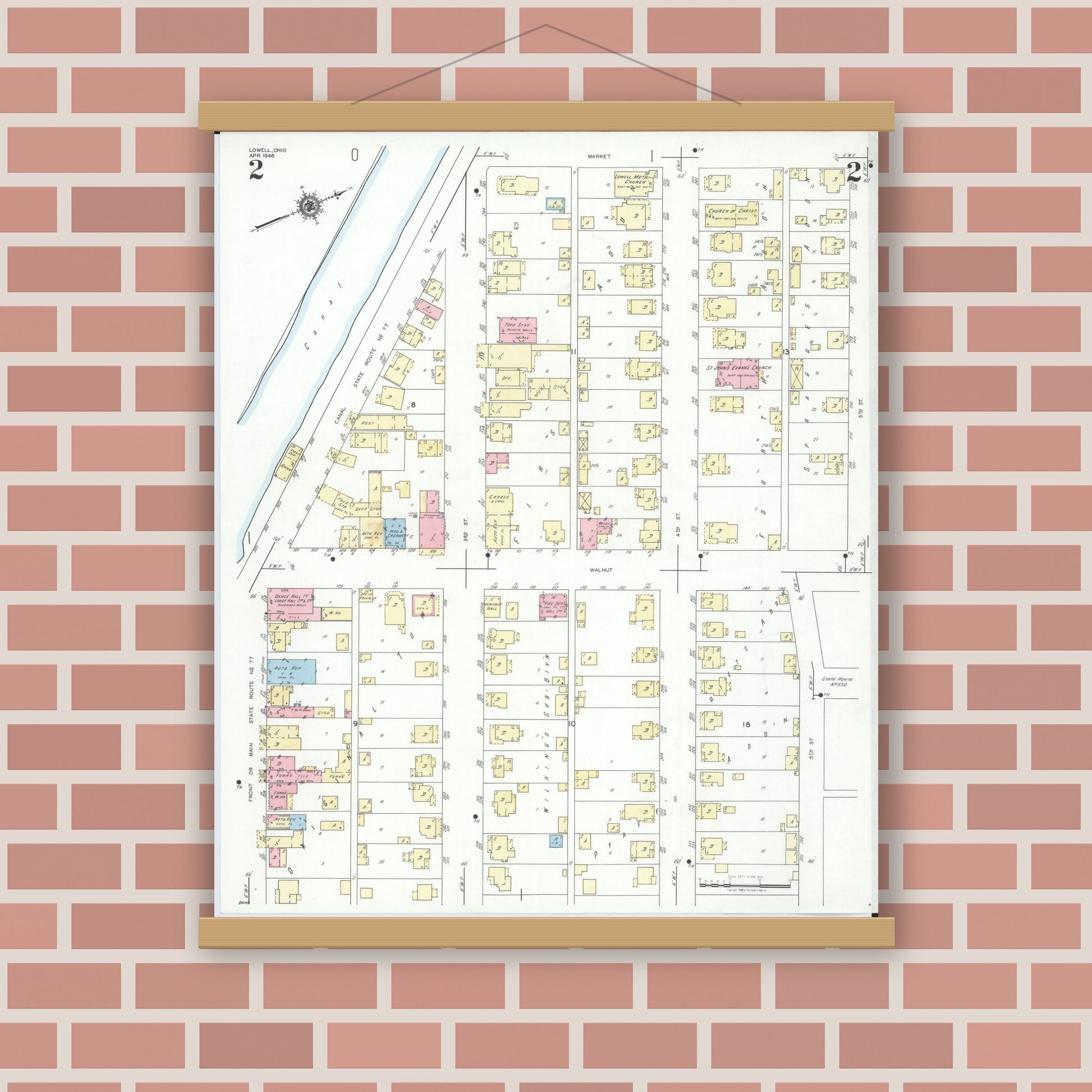 Old map wall art mockup — magnetic wood frame on brick wall — Sanborn Fire Insurance Map from Lowell, Washington County, Ohio (1948), Sheet #0002
