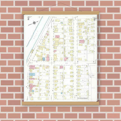 Old map wall art mockup — magnetic wood frame on brick wall — Sanborn Fire Insurance Map from Lowell, Washington County, Ohio (1948), Sheet #0002