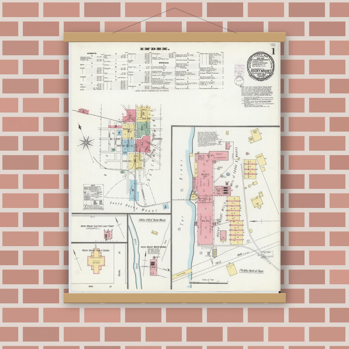 Old map wall art mockup — magnetic wood frame on brick wall — Sanborn Fire Insurance Map from Rocky Mount, Edgecombe And Nash Counties, North Carolina (1901) - Complete Map Set