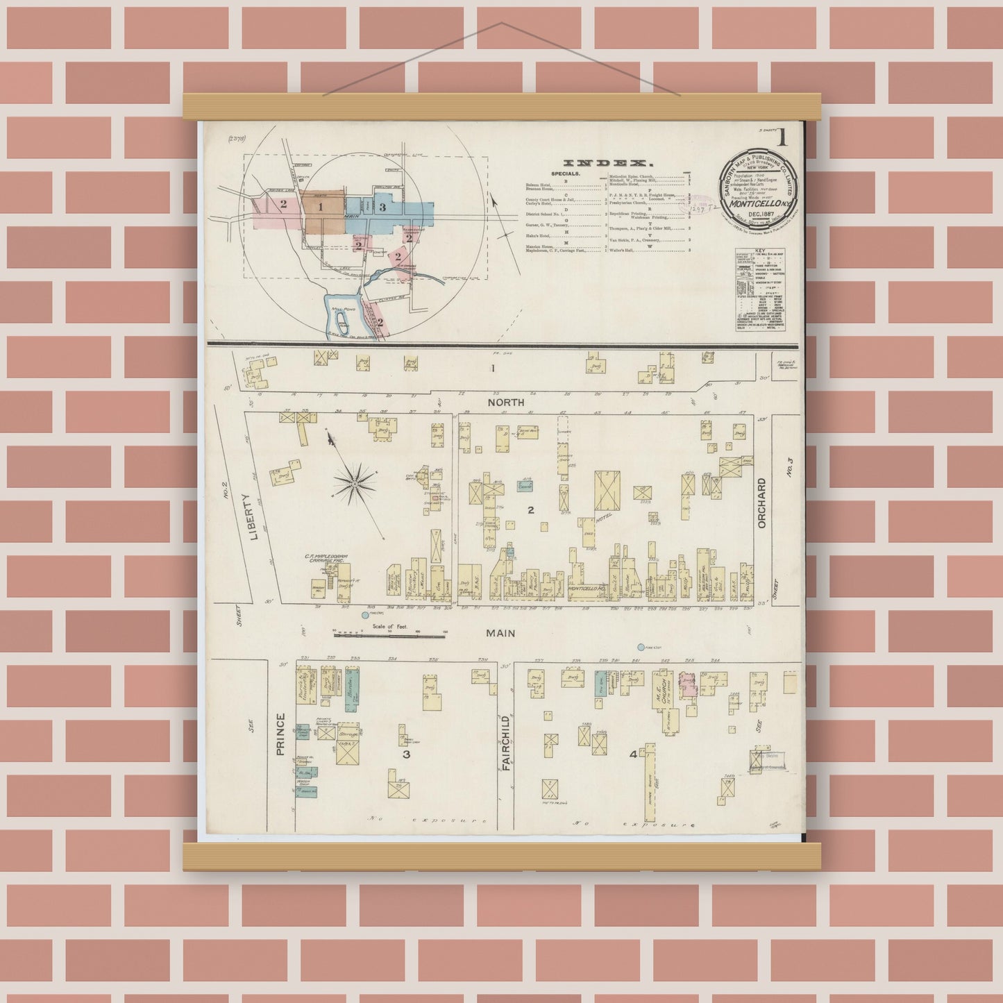 Old map wall art mockup — magnetic wood frame on brick wall — Sanborn Fire Insurance Map from Monticello, Sullivan County, New York (1887) - Complete Map Set