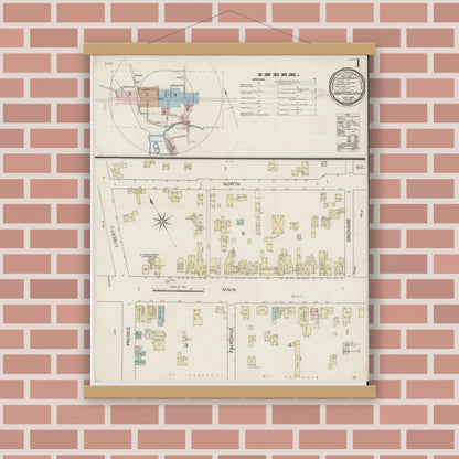 Old map wall art mockup — magnetic wood frame on brick wall — Sanborn Fire Insurance Map from Monticello, Sullivan County, New York (1887) - Complete Map Set