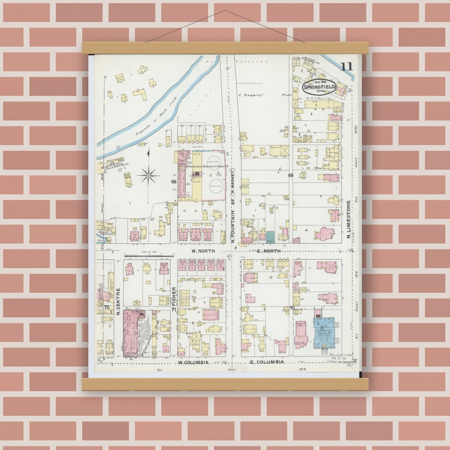 Old map wall art mockup — magnetic wood frame on brick wall — Sanborn Fire Insurance Map from Springfield, Clark County, Ohio (1891), Sheet #0011