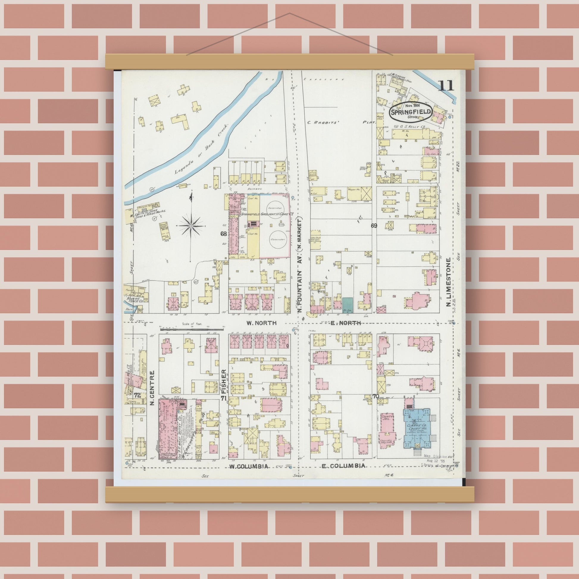 Old map wall art mockup — magnetic wood frame on brick wall — Sanborn Fire Insurance Map from Springfield, Clark County, Ohio (1891), Sheet #0011