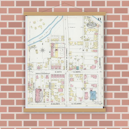 Old map wall art mockup — magnetic wood frame on brick wall — Sanborn Fire Insurance Map from Springfield, Clark County, Ohio (1891), Sheet #0011