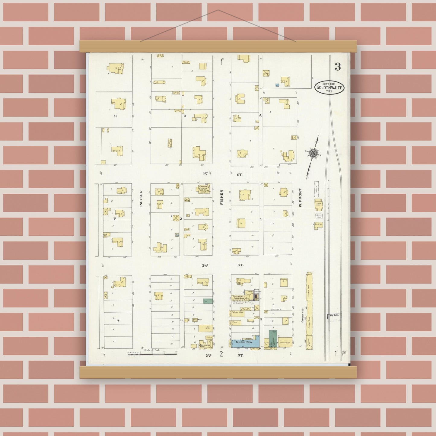 Old map wall art mockup — magnetic wood frame on brick wall — Sanborn Fire Insurance Map from Goldthwaite, Mills County, Texas (1909), Sheet #0003