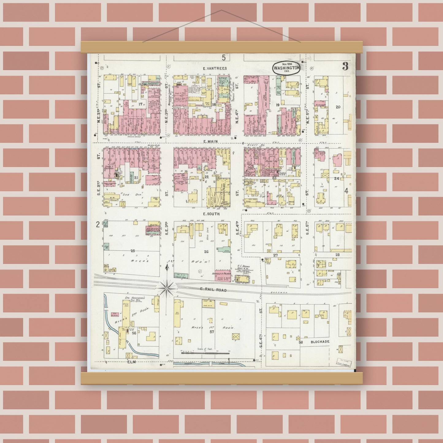 Old map wall art mockup — magnetic wood frame on brick wall — Sanborn Fire Insurance Map from Washington, Daviess County, Indiana (1896), Sheet #0003