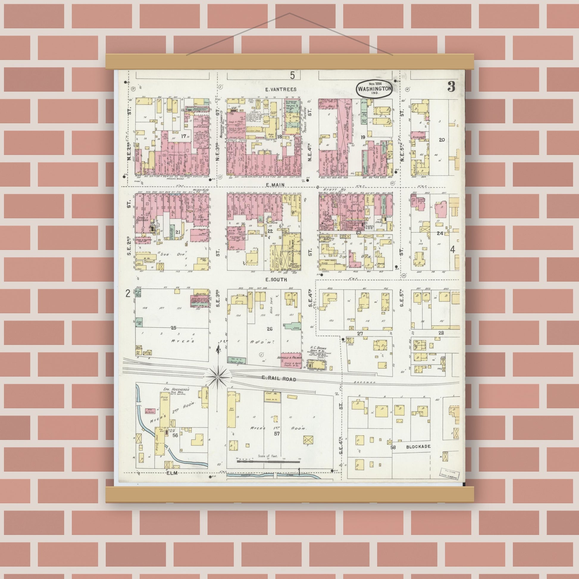 Old map wall art mockup — magnetic wood frame on brick wall — Sanborn Fire Insurance Map from Washington, Daviess County, Indiana (1896), Sheet #0003