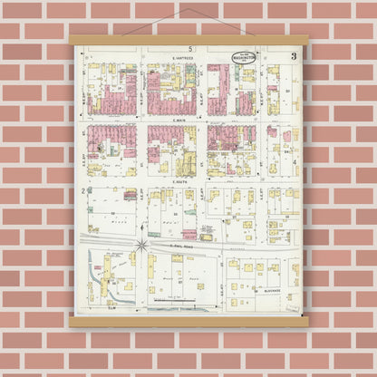 Old map wall art mockup — magnetic wood frame on brick wall — Sanborn Fire Insurance Map from Washington, Daviess County, Indiana (1896), Sheet #0003