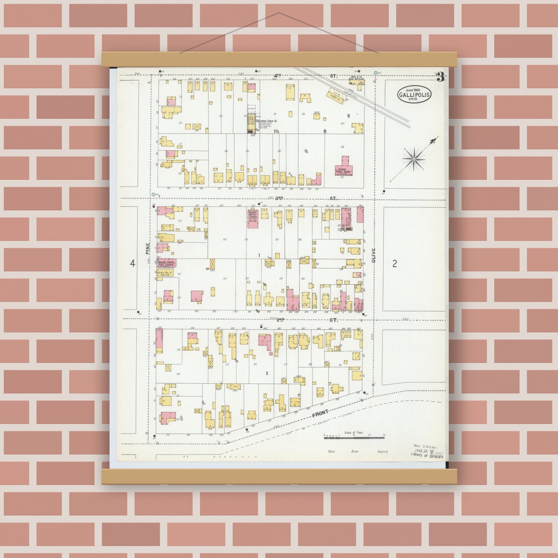 Old map wall art mockup — magnetic wood frame on brick wall — Sanborn Fire Insurance Map from Gallipolis, Gallia County, Ohio (1900), Sheet #0003