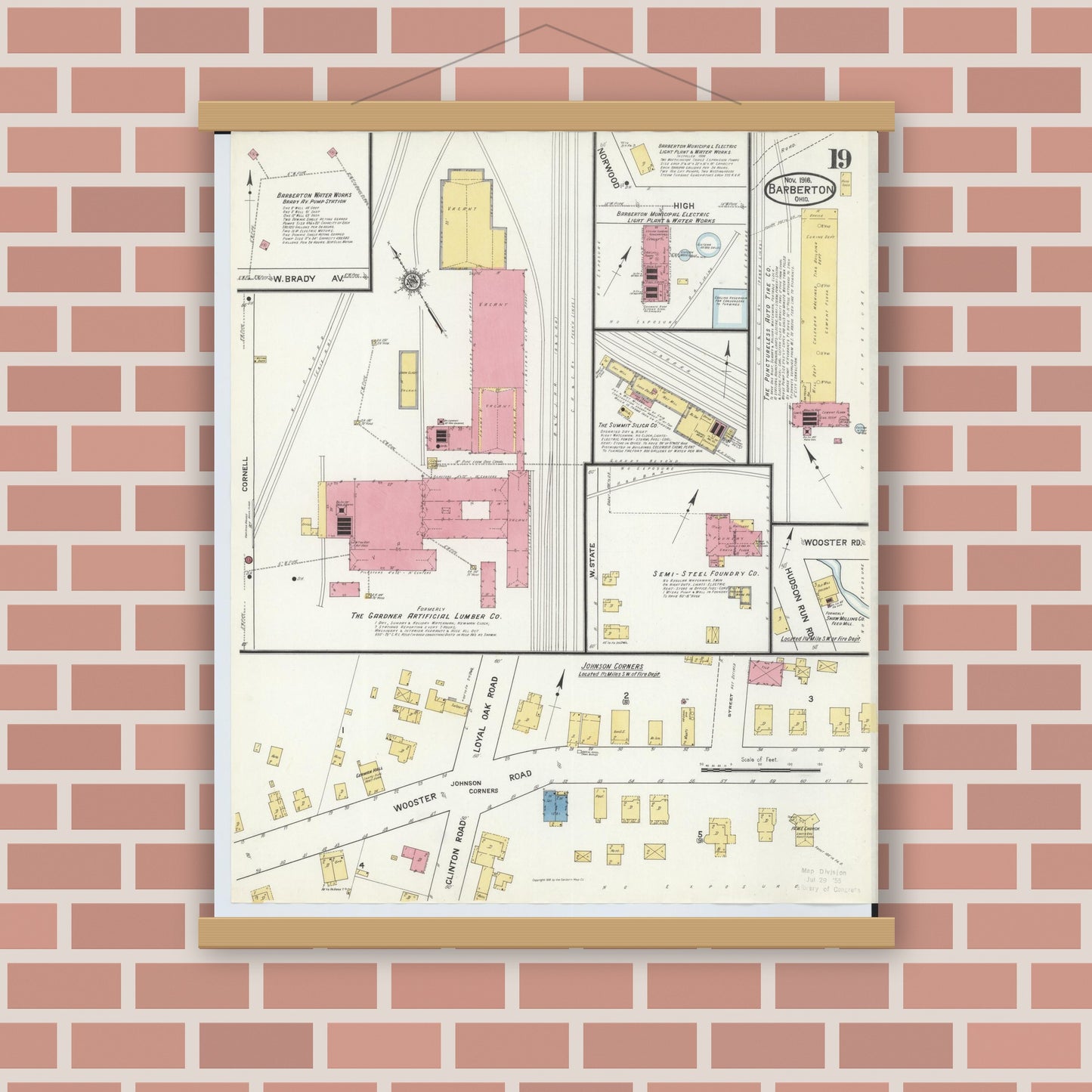 Old map wall art mockup — magnetic wood frame on brick wall — Sanborn Fire Insurance Map from Barberton, Summit County, Ohio (1916), Sheet #0019
