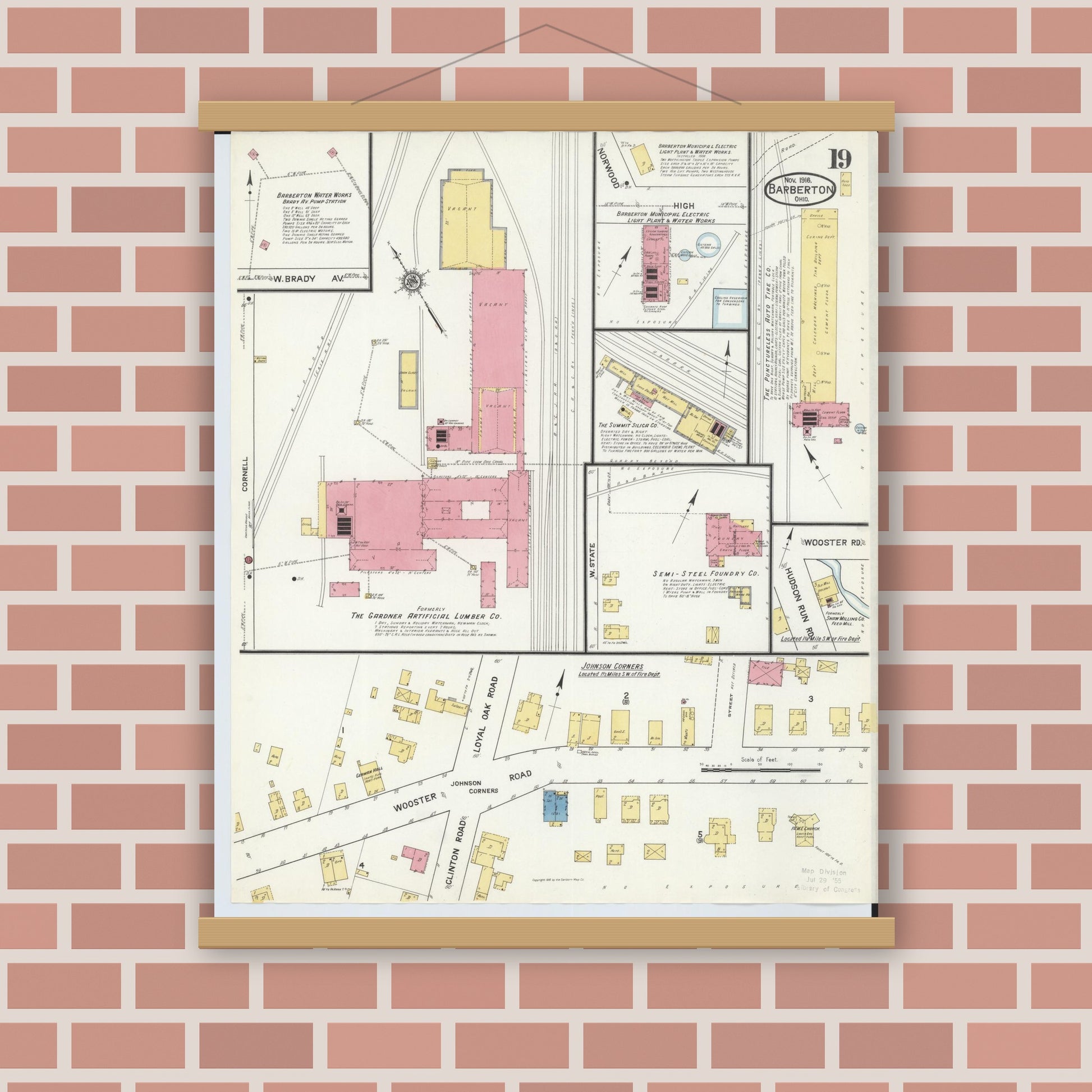 Old map wall art mockup — magnetic wood frame on brick wall — Sanborn Fire Insurance Map from Barberton, Summit County, Ohio (1916), Sheet #0019