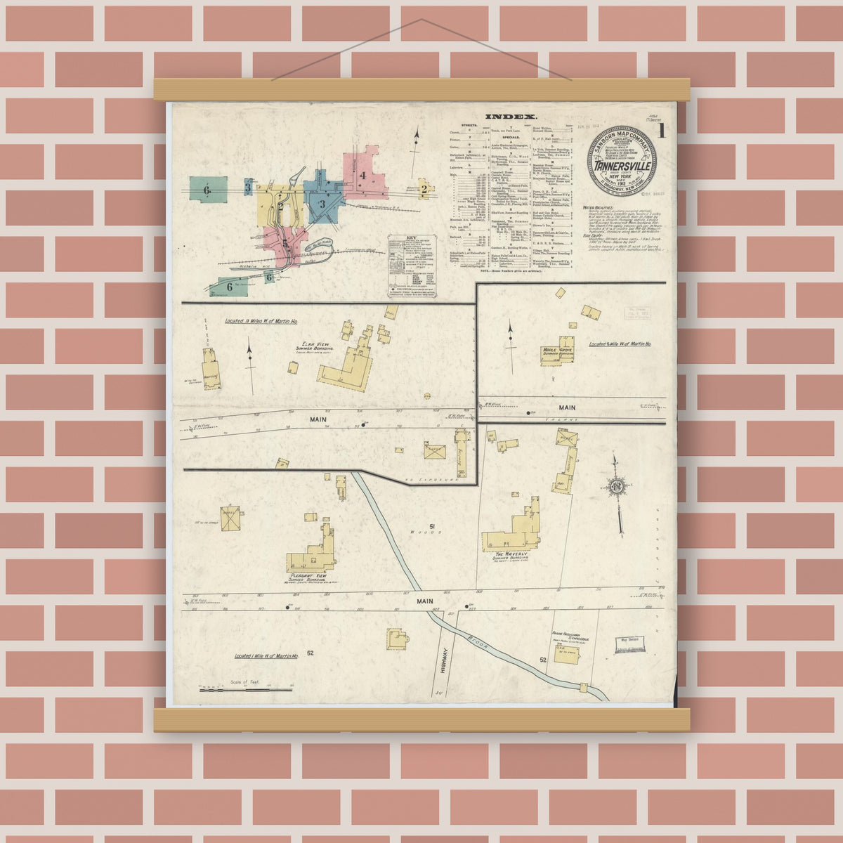 Old map wall art mockup — magnetic wood frame on brick wall — Sanborn Fire Insurance Map from Tannersville, Greene County, New York (1912), Sheet #0001
