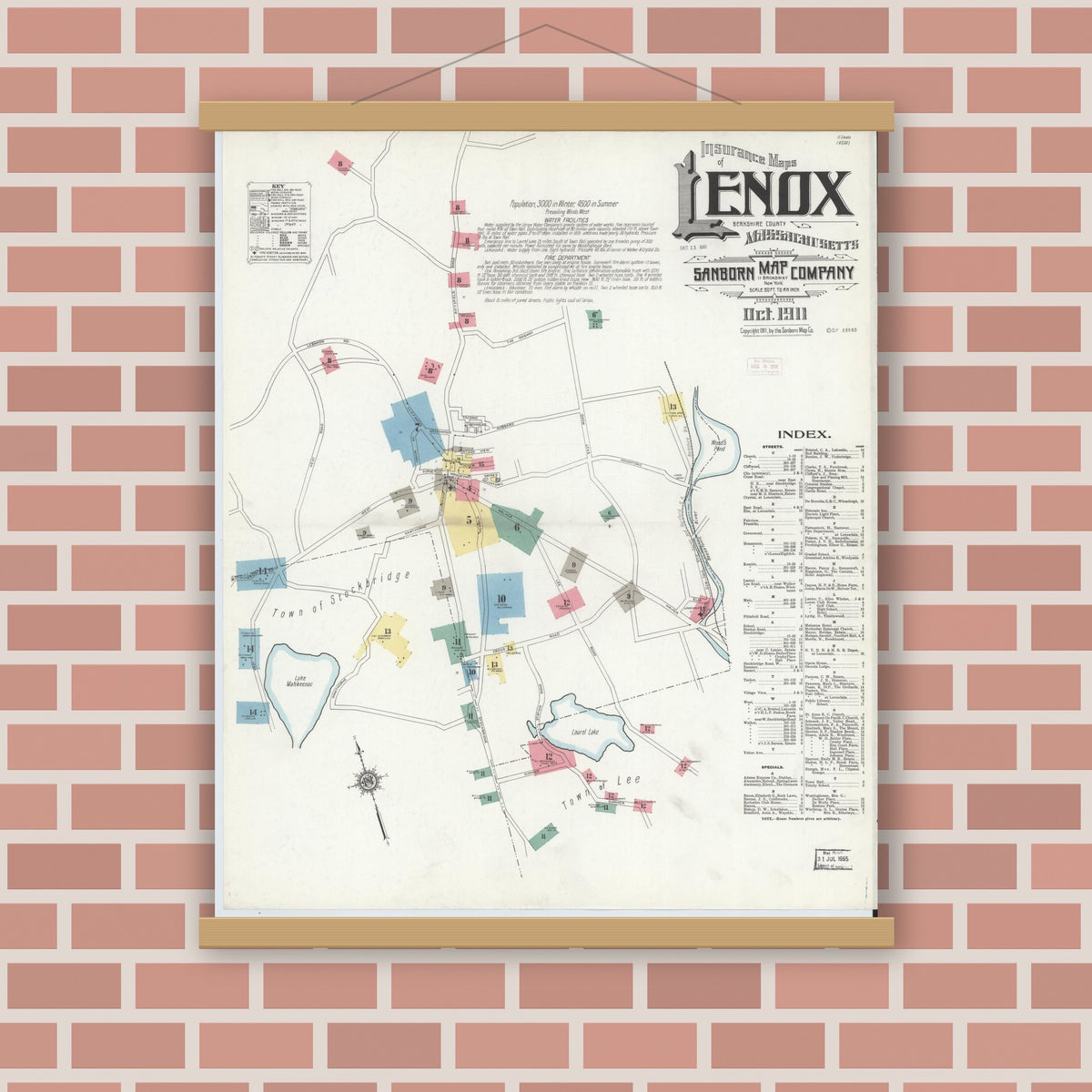 Old map wall art mockup — magnetic wood frame on brick wall — Sanborn Fire Insurance Map from Lenox, Berkshire County, Massachusetts (1911) - Complete Map Set