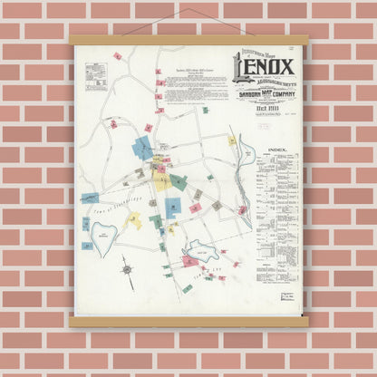 Old map wall art mockup — magnetic wood frame on brick wall — Sanborn Fire Insurance Map from Lenox, Berkshire County, Massachusetts (1911) - Complete Map Set